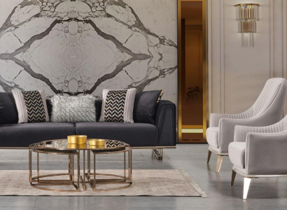 Gruppe Couch Sofas Dreisitzer Sessel Moderne Blau Set 3tlg Garnitur